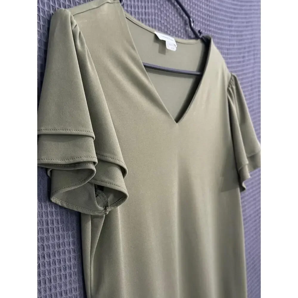 Calvin Klein Womens Small Olive Green Ruffle Top Layered V-Neck Boho Chic - Picture 8 of 8